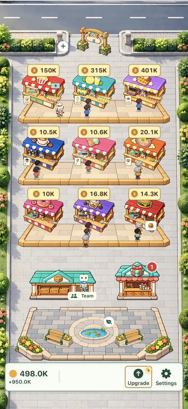Game screen showing colourful food stalls, robot helpers and a garden square