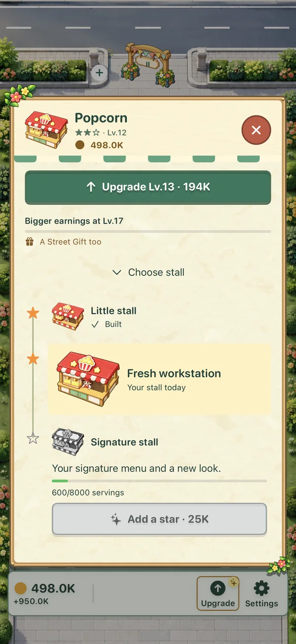 Popcorn upgrade board showing menu growth and stall renovations